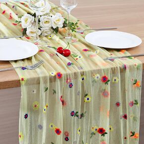 Champagne Floral Table Runner 10 FT, Embroidery Daisy Table Runners Seasonal Spring Summer Sheer Tulle Dining Table Decor for Home Party Birthday Decor 29x120 Inch in Kuwait