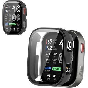 غطاء حافظة لهاتف Amazfit Bip Max، طبقة من الزجاج المقوى KONXISA 9H، حافظة صلبة من البولي كربونات مع علامات للساعة، خفيف الوزن، مضاد للخدش ومضاد للسقوط لغطاء واقٍ وفليم مدمج، أسود in Kuwait