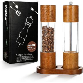 Wooden Salt and Pepper Grinder Set, 8 inch Manual Refillable Wooden Salt and Pepper Shakers Mill with Tray, Adjustable Coarseness, Solid Wood with Ceramic Stainless Steel Core, Transparent - 2 Packs in Saudi Arabia