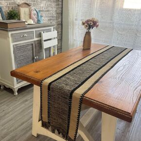 مفرش طاولة Macrame الجمل أسود بني بوهو منسوج مزرعة ريفية مخططة مفرش طاولة لتناول الطعام وطاولة القهوة الصيفية شرابة الخيش بطول 72 بوصة in Kuwait