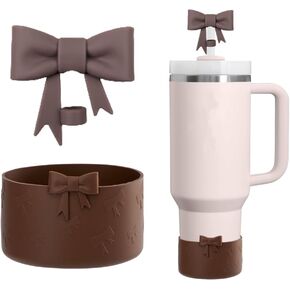 7.5cm Silicone Bottle Cover &10mm Bow Shape Straw Topper for Stanley Cup 12-40oz (2PCS Dark Brown) in Kuwait