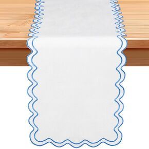 108 Inches Scalloped Edge Table Runner, Double Linen Fabric Table Runner Outdoor, Rustic Dining Decor for House Kitchen Coffee(Pure White, Sky Blue) in Kuwait