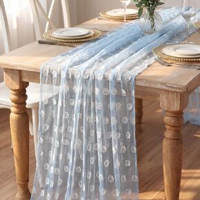 Coastal Shell Table Runner Light Blue Flock Sea Ocean Mesh Cheesecloth Table Runner 120 Inch Gauze Boho Tulle Dining Decor for Coastal Party Wedding Birthday Baby Shower Summer Home in Kuwait
