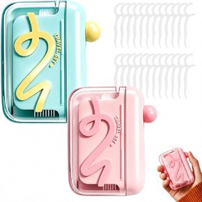 2pcs Pop-up Portable Floss Dispenser with 10 Pcs Dental Floss, Trendy Travel Toothpick Box Pink and Green Set for Outdoor and Travel Use in Kuwait