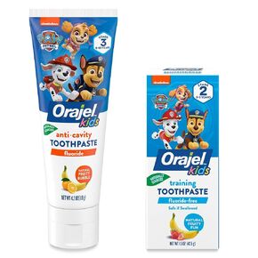 معجون أسنان Orajel Kids Paw Patrol للتدريب الخالي من الفلورايد، معجون أسنان خالي من الفلورايد، أنبوب 1.5 أونصة مع معجون أسنان Orajel Kids Paw Patrol المضاد للتجويف بالفلورايد، نكهة فقاعات الفواكه الطبيعية، أنبوب 4.2 أونصة in Kuwait