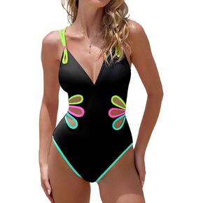 popvil Women’s One Piece Swimsuit Tummy Control Bathing Suit for Women Deep V Cutout Monokini Neon Trim Back Tie Swimwear in Saudi Arabia