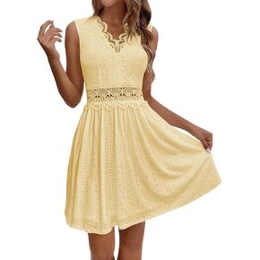 Women's Summer Lace Eyelet Mini Dress V Neck Ruffle Hem Dresses Hollow Out Waist Sleeveless Dress Vacation Dresses in Kuwait