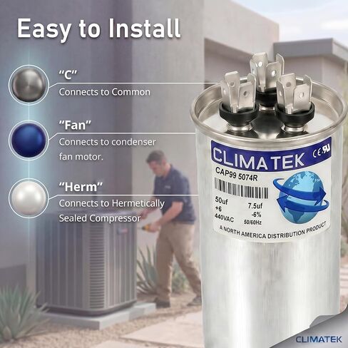 مكثف دائري ClimaTek يستبدل Heil # 1086646 HQ1086646AX | 50/7.5 فائق التوهج MFD، 370/440 فولت تيار متردد، تشغيل مزدوج in Kuwait