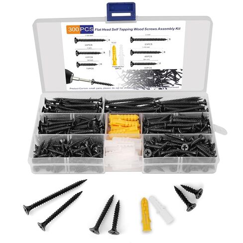 #6 Wood Screws Assortment Kit 300pcs Flat Head Self Tapping Screws for Wood | Black Drywall Screws and Anchors for Furniture Repair, Cabinet Installation and DIY Woodworking Applications in Kuwait