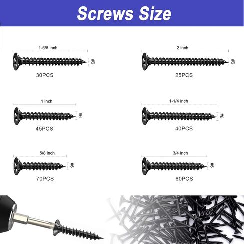 #6 Wood Screws Assortment Kit 300pcs Flat Head Self Tapping Screws for Wood | Black Drywall Screws and Anchors for Furniture Repair, Cabinet Installation and DIY Woodworking Applications in Kuwait