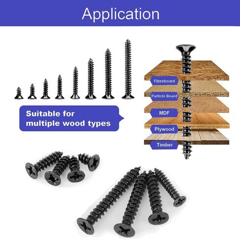 #6 Wood Screws Assortment Kit 300pcs Flat Head Self Tapping Screws for Wood | Black Drywall Screws and Anchors for Furniture Repair, Cabinet Installation and DIY Woodworking Applications in Kuwait