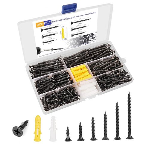 #6 Wood Screws Assortment Kit 300pcs Flat Head Self Tapping Screws for Wood | Black Drywall Screws and Anchors for Furniture Repair, Cabinet Installation and DIY Woodworking Applications in Kuwait