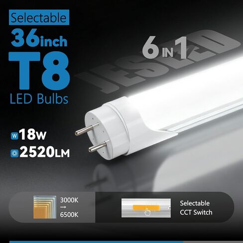 مصابيح أنبوبية JESLED T8 LED مقاس 36 بوصة، استبدال الفلورسنت F25T8، 18 وات 2520 لومن، قابلة للتحديد 6 CCT (3000K-6500K)، النوع A+B التوصيل والتشغيل/تجاوز الصابورة، ثنائي الأطراف، متجمد، 4 عبوات، مدرج في قائمة ETL in Kuwait