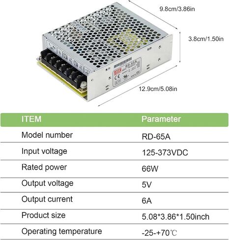 RD-65A مصدر طاقة مزدوج الإخراج 66 وات (5 فولت/6 أمبير، 12 فولت/3 أمبير) | 88-264VAC مدخلات واسعة | معتمد من UL62368-1 | لكاميرات CCTV، وحدة تحكم PLC، شاشة LED in Kuwait