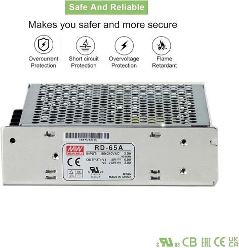 RD-65A مصدر طاقة مزدوج الإخراج 66 وات (5 فولت/6 أمبير، 12 فولت/3 أمبير) | 88-264VAC مدخلات واسعة | معتمد من UL62368-1 | لكاميرات CCTV، وحدة تحكم PLC، شاشة LED in Kuwait