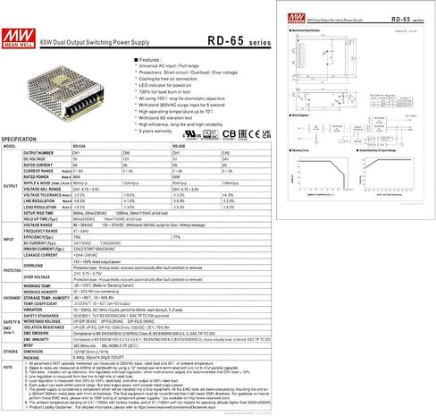 RD-65A مصدر طاقة مزدوج الإخراج 66 وات (5 فولت/6 أمبير، 12 فولت/3 أمبير) | 88-264VAC مدخلات واسعة | معتمد من UL62368-1 | لكاميرات CCTV، وحدة تحكم PLC، شاشة LED in Kuwait