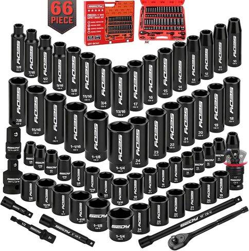 66-Piece 1/2" Drive Impact Socket Set, SAE 3/8" to 1-1/4" and Metric 10-24mm, Deep & Standard 6-Point Cr-V Sockets with Ratchet, Extension Bars, Adapters, Universal Joint, Drill Adapter, Storage Case in Kuwait