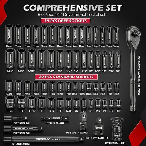 66-Piece 1/2" Drive Impact Socket Set, SAE 3/8" to 1-1/4" and Metric 10-24mm, Deep & Standard 6-Point Cr-V Sockets with Ratchet, Extension Bars, Adapters, Universal Joint, Drill Adapter, Storage Case in Kuwait