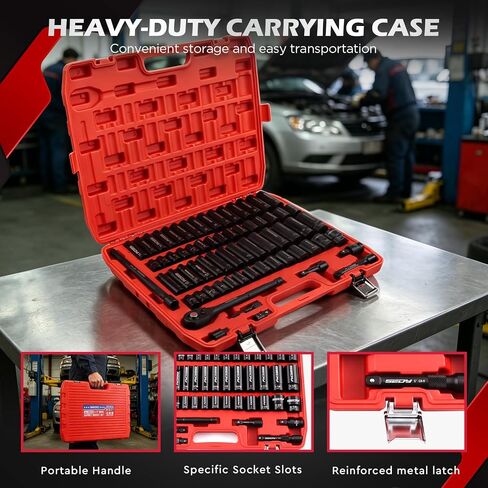 66-Piece 1/2" Drive Impact Socket Set, SAE 3/8" to 1-1/4" and Metric 10-24mm, Deep & Standard 6-Point Cr-V Sockets with Ratchet, Extension Bars, Adapters, Universal Joint, Drill Adapter, Storage Case in Kuwait