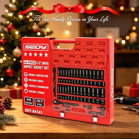 66-Piece 1/2" Drive Impact Socket Set, SAE 3/8" to 1-1/4" and Metric 10-24mm, Deep & Standard 6-Point Cr-V Sockets with Ratchet, Extension Bars, Adapters, Universal Joint, Drill Adapter, Storage Case in Kuwait