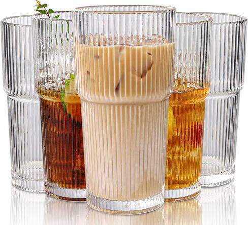 Set of 6 Oversize Ribbed Glassware, 20oz Vintage Clear Glass Tumbler, Large capacity, Origami Style, Fluted Design, Ideal for Water, Iced Coffee, Beer, Tea, Latte, Housewarming Gift (Large) in Kuwait