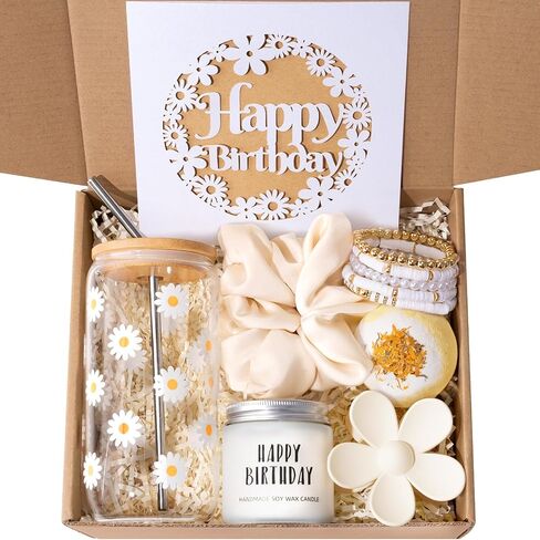 Birthday Gifts For Women, Teen Girl, Her - Gift Baskets with Cute Daisy Aesthetic Glass Cups Gift Set 7pcs - Perfect for Girl, Sister, Daughter, Friends in Kuwait