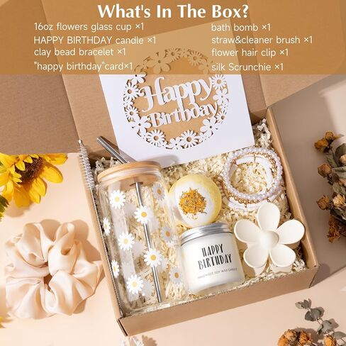 Birthday Gifts For Women, Teen Girl, Her - Gift Baskets with Cute Daisy Aesthetic Glass Cups Gift Set 7pcs - Perfect for Girl, Sister, Daughter, Friends in Kuwait