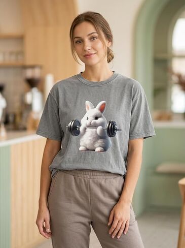 Washed Gym Shirt with Weightlifting Rabbit Design, Fitness Apparel for Men，Funny Cotton Athletic Tops in Kuwait