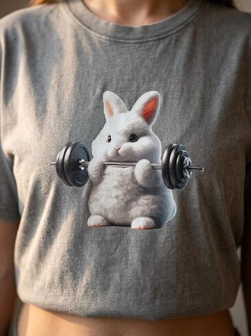 Washed Gym Shirt with Weightlifting Rabbit Design, Fitness Apparel for Men，Funny Cotton Athletic Tops in Kuwait