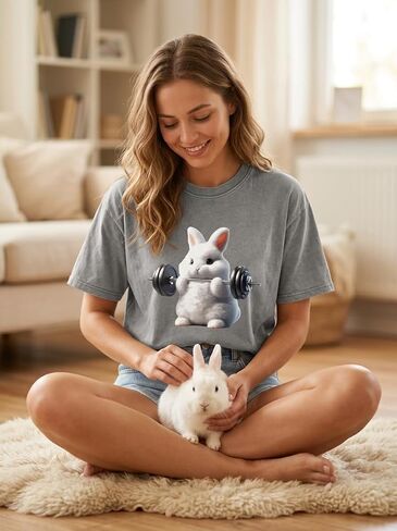 Washed Gym Shirt with Weightlifting Rabbit Design, Fitness Apparel for Men，Funny Cotton Athletic Tops in Kuwait