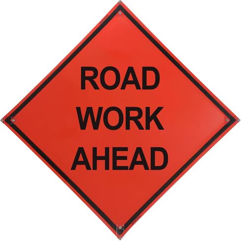 MorningRo 36" x 36" Mutcd Ttc Compliant Safety Orange Mesh, Rollup Traffic Control Sign Non Reflective Fluorescent Vinyl Orange “Road Work Ahead" Metal Sign, Fiberglass Cross Ribs for 36" in Kuwait