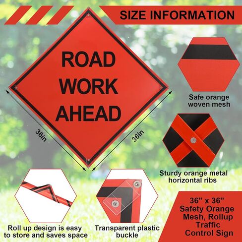 MorningRo 36" x 36" Mutcd Ttc Compliant Safety Orange Mesh, Rollup Traffic Control Sign Non Reflective Fluorescent Vinyl Orange “Road Work Ahead" Metal Sign, Fiberglass Cross Ribs for 36" in Kuwait