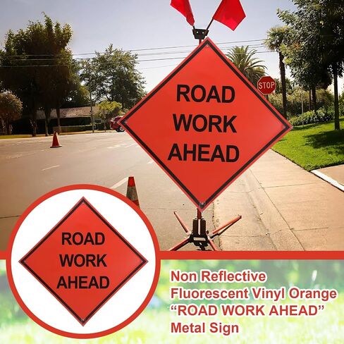 MorningRo 36" x 36" Mutcd Ttc Compliant Safety Orange Mesh, Rollup Traffic Control Sign Non Reflective Fluorescent Vinyl Orange “Road Work Ahead" Metal Sign, Fiberglass Cross Ribs for 36" in Kuwait