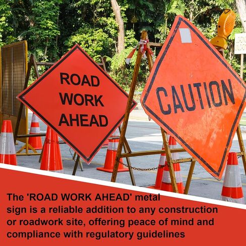 MorningRo 36" x 36" Mutcd Ttc Compliant Safety Orange Mesh, Rollup Traffic Control Sign Non Reflective Fluorescent Vinyl Orange “Road Work Ahead" Metal Sign, Fiberglass Cross Ribs for 36" in Kuwait