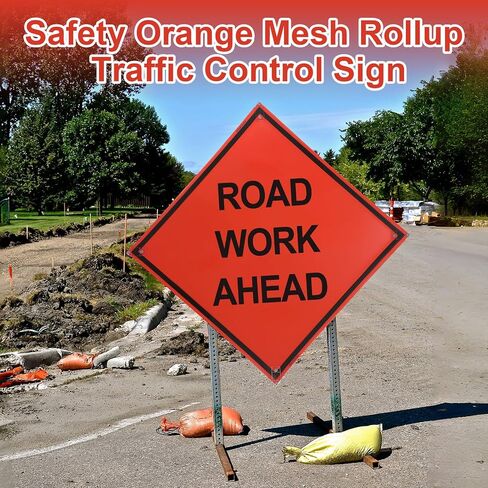 MorningRo 36" x 36" Mutcd Ttc Compliant Safety Orange Mesh, Rollup Traffic Control Sign Non Reflective Fluorescent Vinyl Orange “Road Work Ahead" Metal Sign, Fiberglass Cross Ribs for 36" in Kuwait