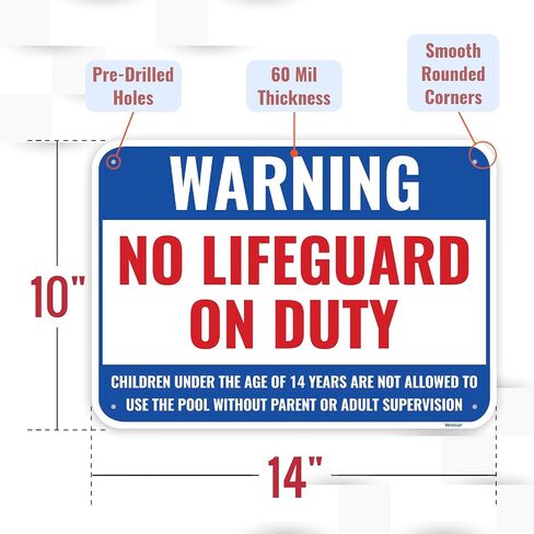 قطعة واحدة من لافتة حمام السباحة No Lifeguard On Duty، مقاس 35.56 × 25.4 سم - ألومنيوم - علامة أمان حمام السباحة على مسؤوليتك الخاصة in Kuwait