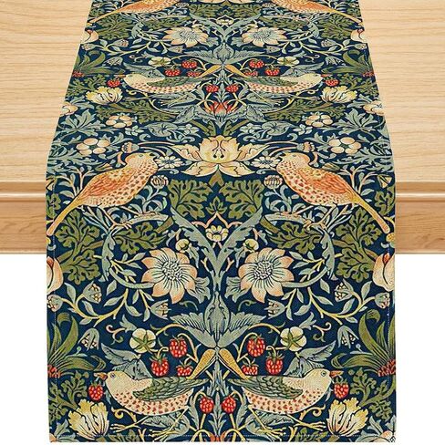 Vintage Morris Style Bird and Floral Table Runner 13x36 Inch, Small Botanical Linen Table Runner with Strawberry Motif, Victorian Style Rustic Farmhouse Table Decor, Washable in Kuwait