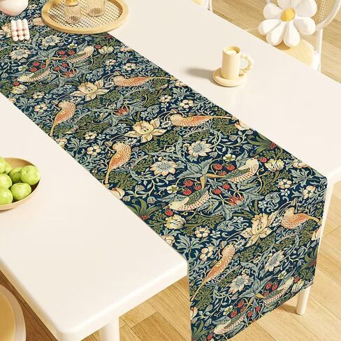 Vintage Morris Style Bird and Floral Table Runner 13x36 Inch, Small Botanical Linen Table Runner with Strawberry Motif, Victorian Style Rustic Farmhouse Table Decor, Washable in Kuwait