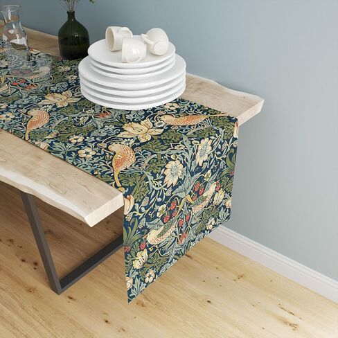 Vintage Morris Style Bird and Floral Table Runner 13x36 Inch, Small Botanical Linen Table Runner with Strawberry Motif, Victorian Style Rustic Farmhouse Table Decor, Washable in Kuwait