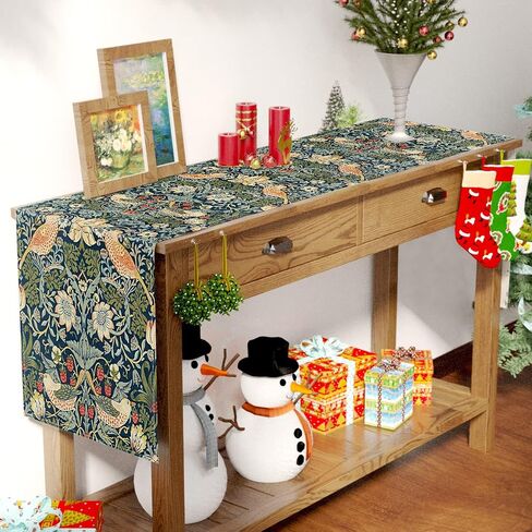 Vintage Morris Style Bird and Floral Table Runner 13x36 Inch, Small Botanical Linen Table Runner with Strawberry Motif, Victorian Style Rustic Farmhouse Table Decor, Washable in Kuwait