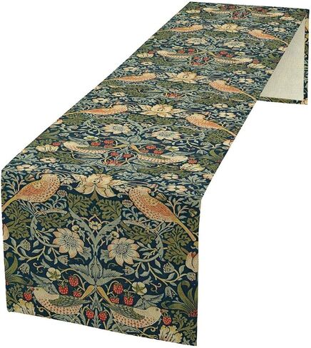 Vintage Morris Style Bird and Floral Table Runner 13x36 Inch, Small Botanical Linen Table Runner with Strawberry Motif, Victorian Style Rustic Farmhouse Table Decor, Washable in Kuwait
