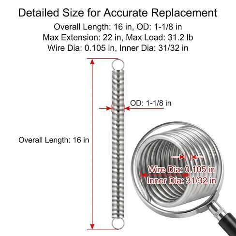 9645 Extension Spring, Spring Steel Construction, Nickel-Plated Finish, 0.105 GA x 1-1/8 in. x 16 in., Closed Single Loop ，1-Pack in Kuwait