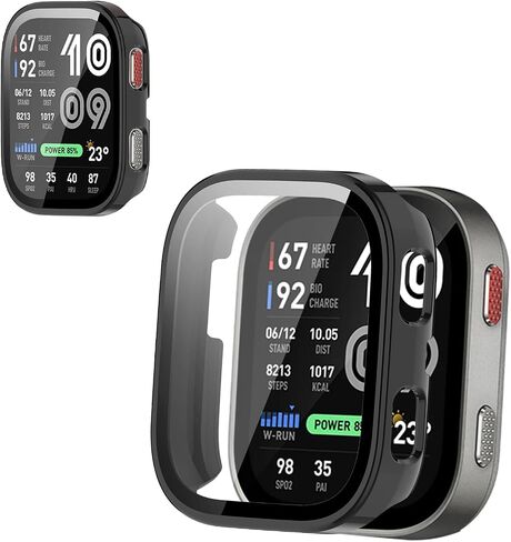 Case Cover for Amazfit Bip Max, KONXISA 9H Tempered Glass Film, Hard PC Case with Hour Markers, Lightweight, Anti-Scratch and Anti-Fall for Protective Shell and Flim Integrated, Black in Kuwait