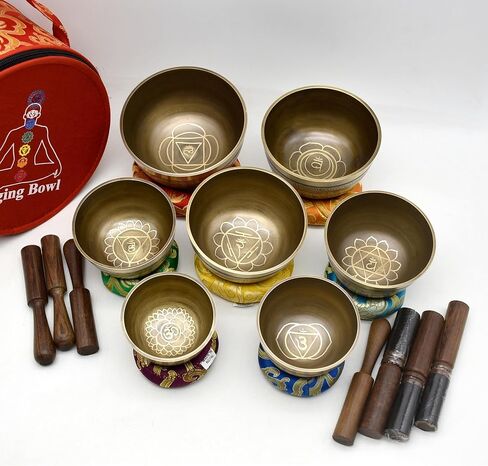 Natural Kasa Thado Singing Bowl Set of 7 Chakras – Handcrafted Tibetan Bronze Singing Bowls from Nepal with Mallets, Cushions & Carry Case – Sound Healing, Meditation, Yoga & Reiki Set in Kuwait
