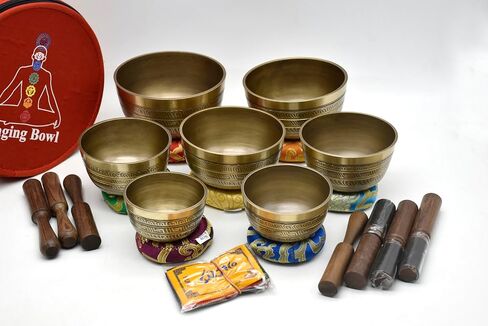 Natural Kasa Thado Singing Bowl Set of 7 Chakras – Handcrafted Tibetan Bronze Singing Bowls from Nepal with Mallets, Cushions & Carry Case – Sound Healing, Meditation, Yoga & Reiki Set in Kuwait