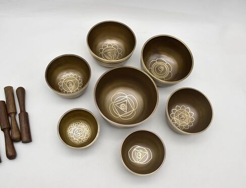 Natural Kasa Thado Singing Bowl Set of 7 Chakras – Handcrafted Tibetan Bronze Singing Bowls from Nepal with Mallets, Cushions & Carry Case – Sound Healing, Meditation, Yoga & Reiki Set in Kuwait