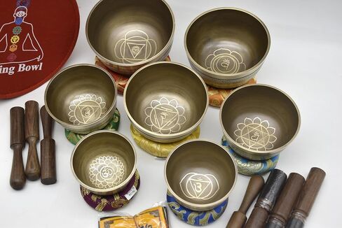 Natural Kasa Thado Singing Bowl Set of 7 Chakras – Handcrafted Tibetan Bronze Singing Bowls from Nepal with Mallets, Cushions & Carry Case – Sound Healing, Meditation, Yoga & Reiki Set in Kuwait