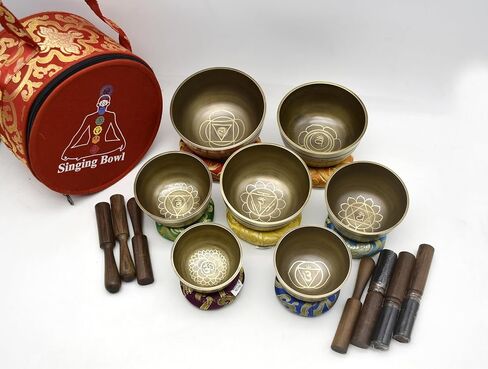 Natural Kasa Thado Singing Bowl Set of 7 Chakras – Handcrafted Tibetan Bronze Singing Bowls from Nepal with Mallets, Cushions & Carry Case – Sound Healing, Meditation, Yoga & Reiki Set in Kuwait