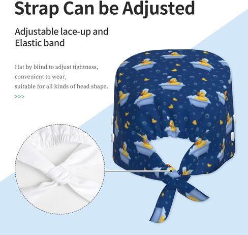 Cute Duck Bubble Bath Print Scrub Caps Women Men, Adjustable Nurse Cap Surgical Caps Scrub Hats for Women Men, Working Cap with Buttons for Hanging Face Masks Black in Kuwait
