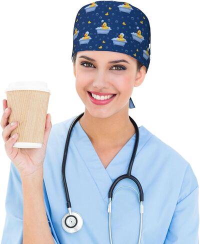 Cute Duck Bubble Bath Print Scrub Caps Women Men, Adjustable Nurse Cap Surgical Caps Scrub Hats for Women Men, Working Cap with Buttons for Hanging Face Masks Black in Kuwait